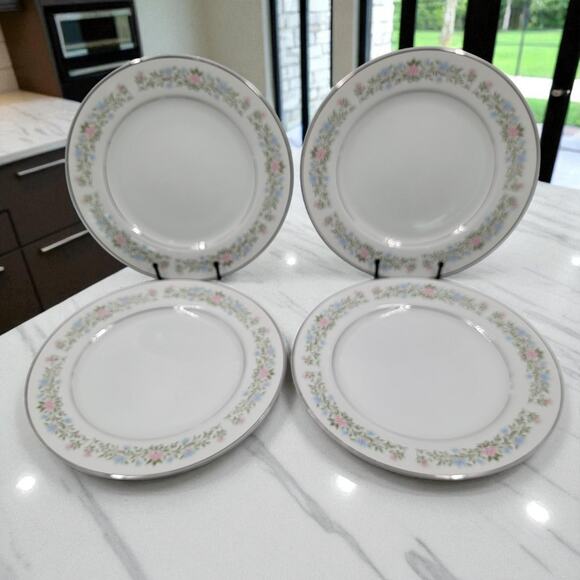 4 Eileen 10 1/4” Dinner Plate Cotillion Floral Silver Trim Pattern 3693 Japan - Picture 1 of 7